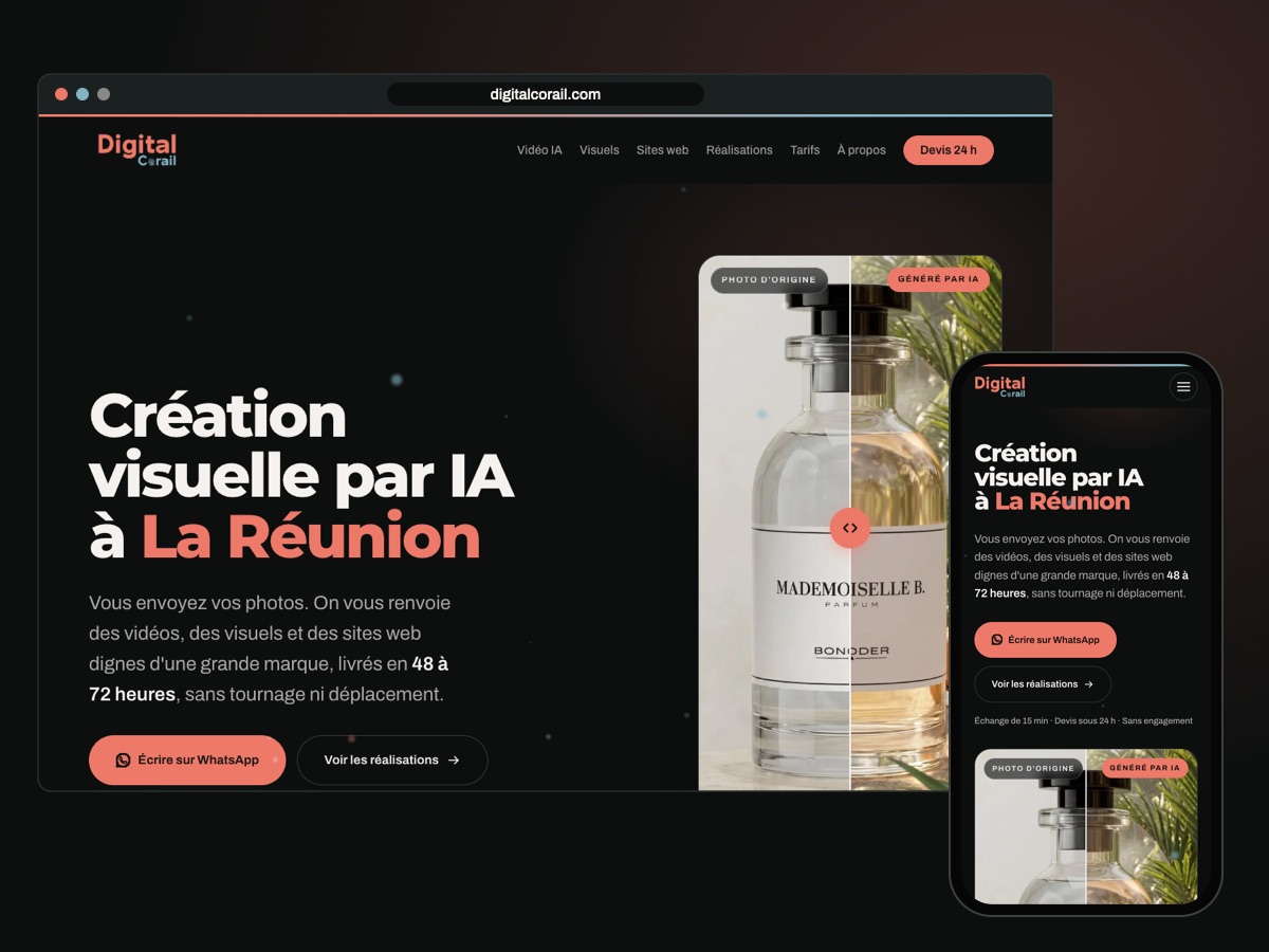 Le site Digital Corail sur un écran d'ordinateur et sur un téléphone, page d'accueil Création visuelle par IA à La Réunion