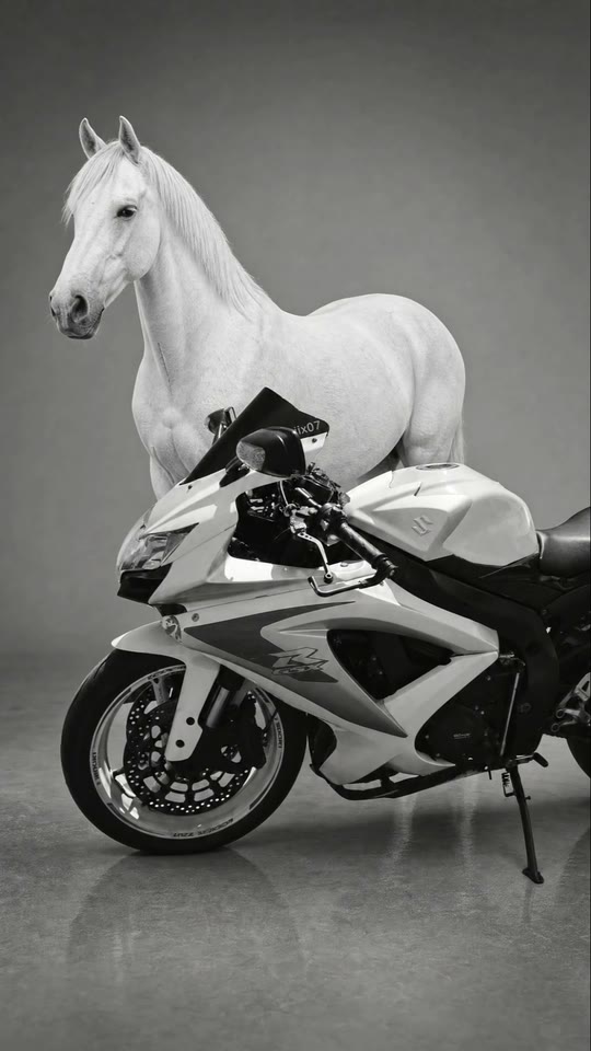 Moto sportive blanche et cheval blanc en studio, image d'une vidéo verticale produite par Digital Corail