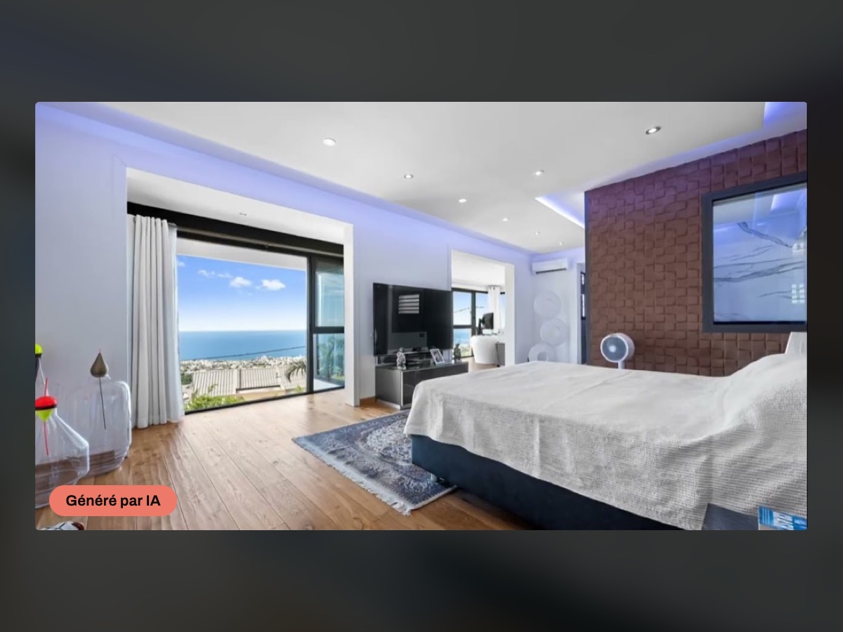 Chambre d'une villa avec baie vitrée ouverte sur l'océan, image générée par IA pour une vidéo immobilière à La Réunion